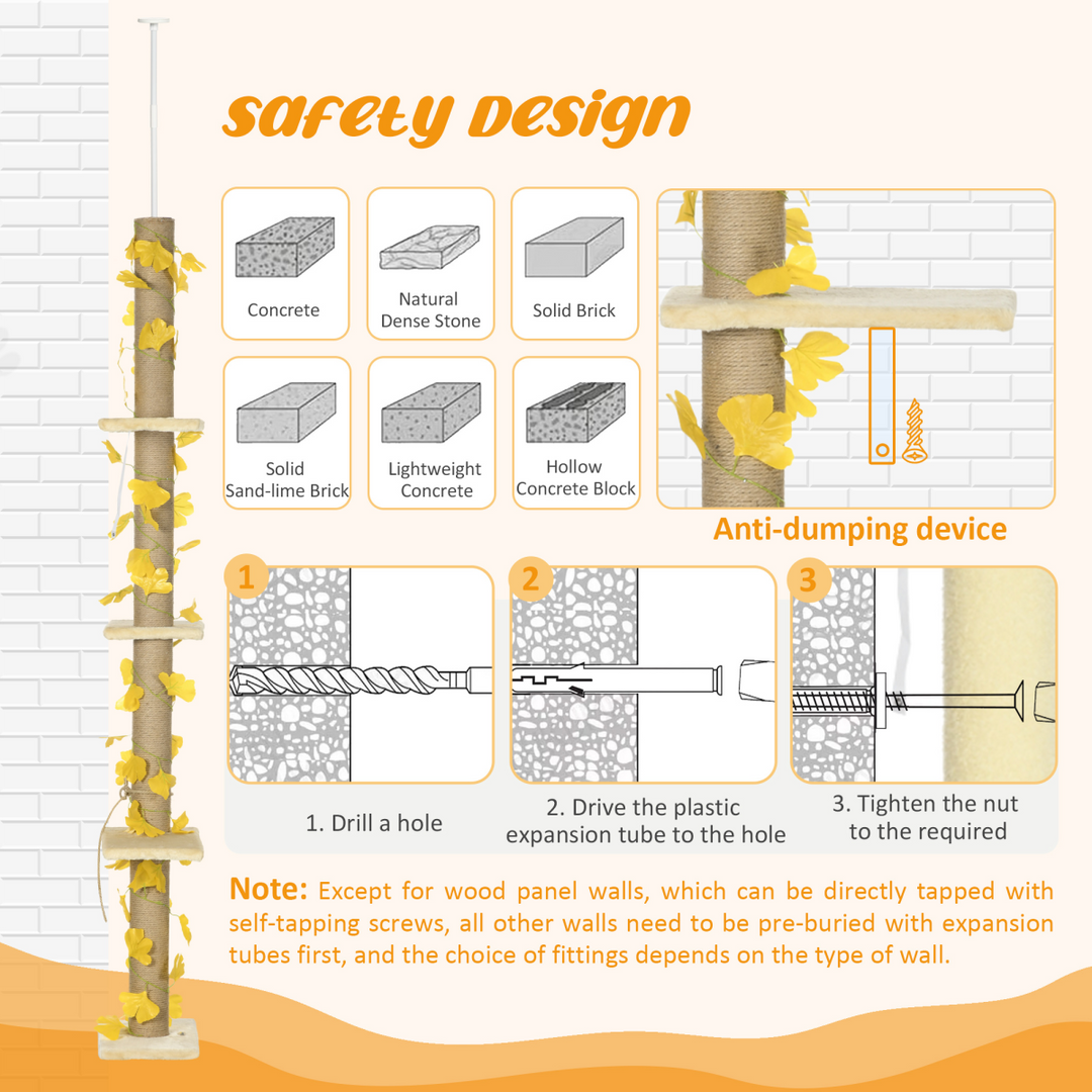 Adjustable 242cm Cat Tree with Jute Scratching Post & Anti-Slip Kit - Yellow