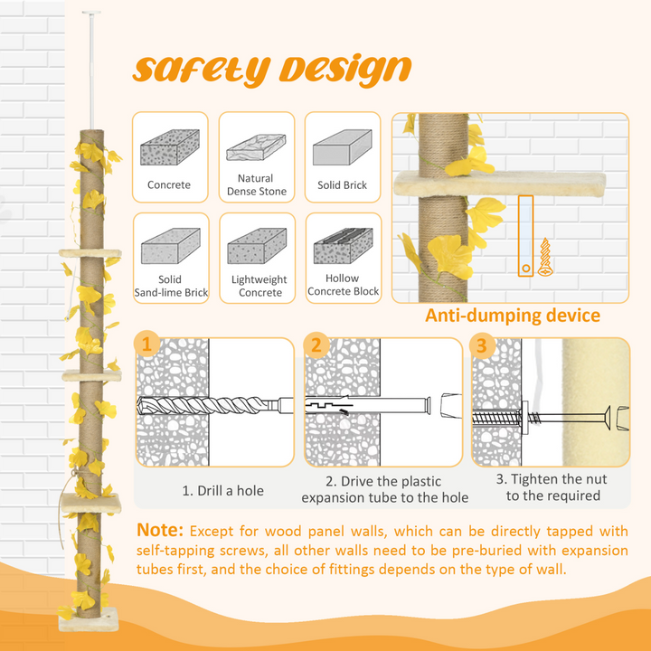 Adjustable 242cm Cat Tree with Jute Scratching Post & Anti-Slip Kit - Yellow