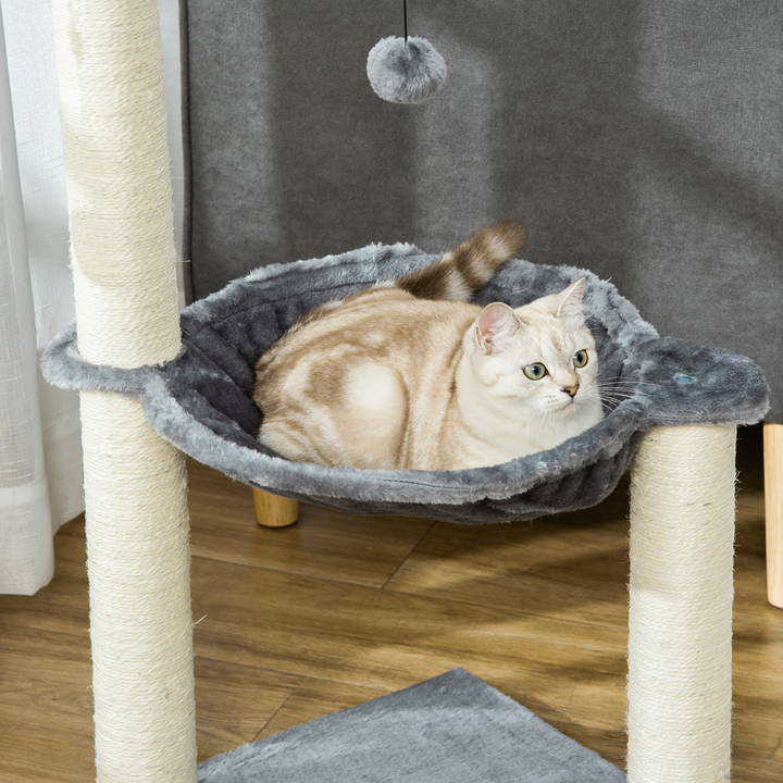 Stylish Cat Tree Tower with Scratching Post, Hammock & Toy Balls - Grey