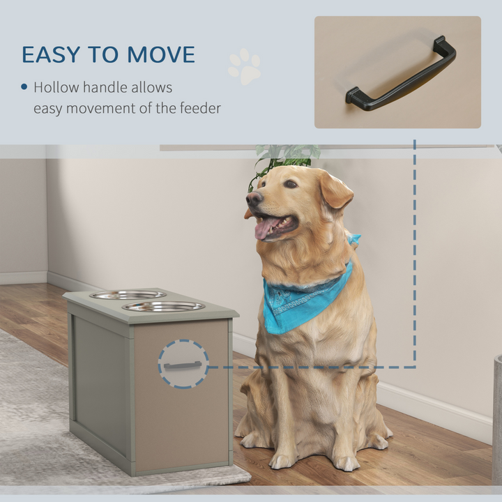 PawHut Elevated Dog Bowl Set with Storage – Grey Double Feeding Station for Large Dogs