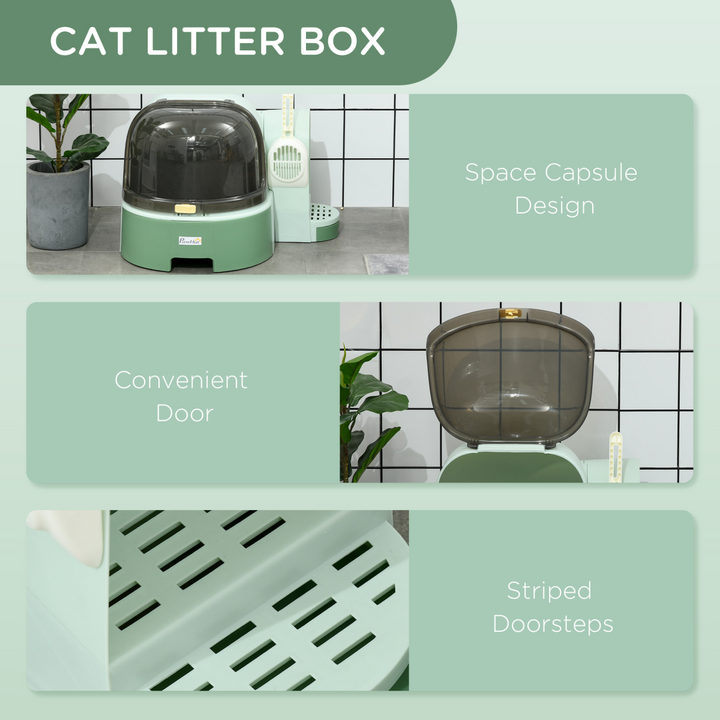 PawHut Chic 2-in-1 Cat Litter Tray with Pull-Out Drawers & Scoop - Green