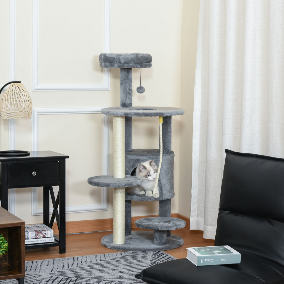 Cat Tree Tower Activity Center with Hanging Ball Toy Teasing Rope Dark grey