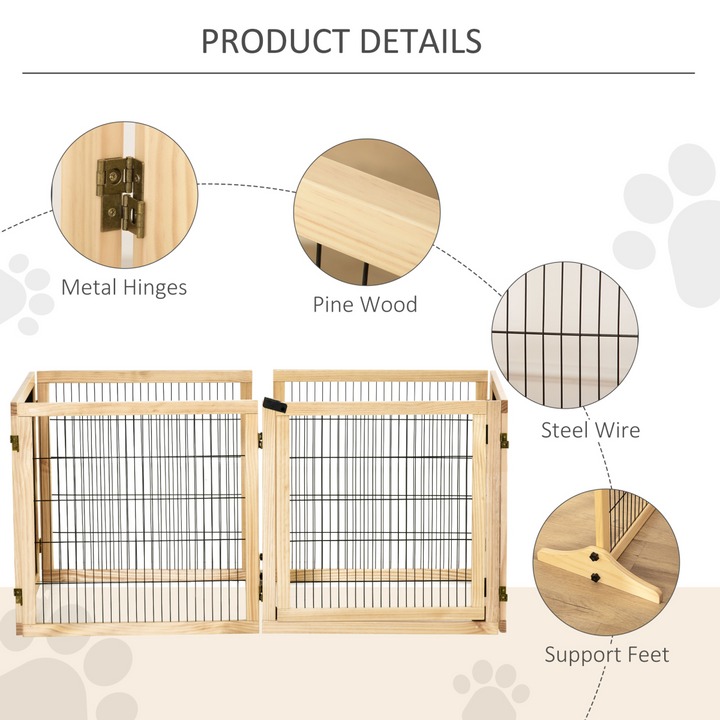PawHut Freestanding Pet Dog Gate, Six-Panel Foldable Wooden Playpen, 432cm