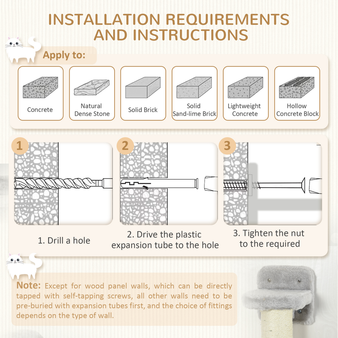 PawHut Wall-Mounted Cat Tree – 4-Piece Grey Cat Furniture Set with Hammock, Ladder & Scratching Post