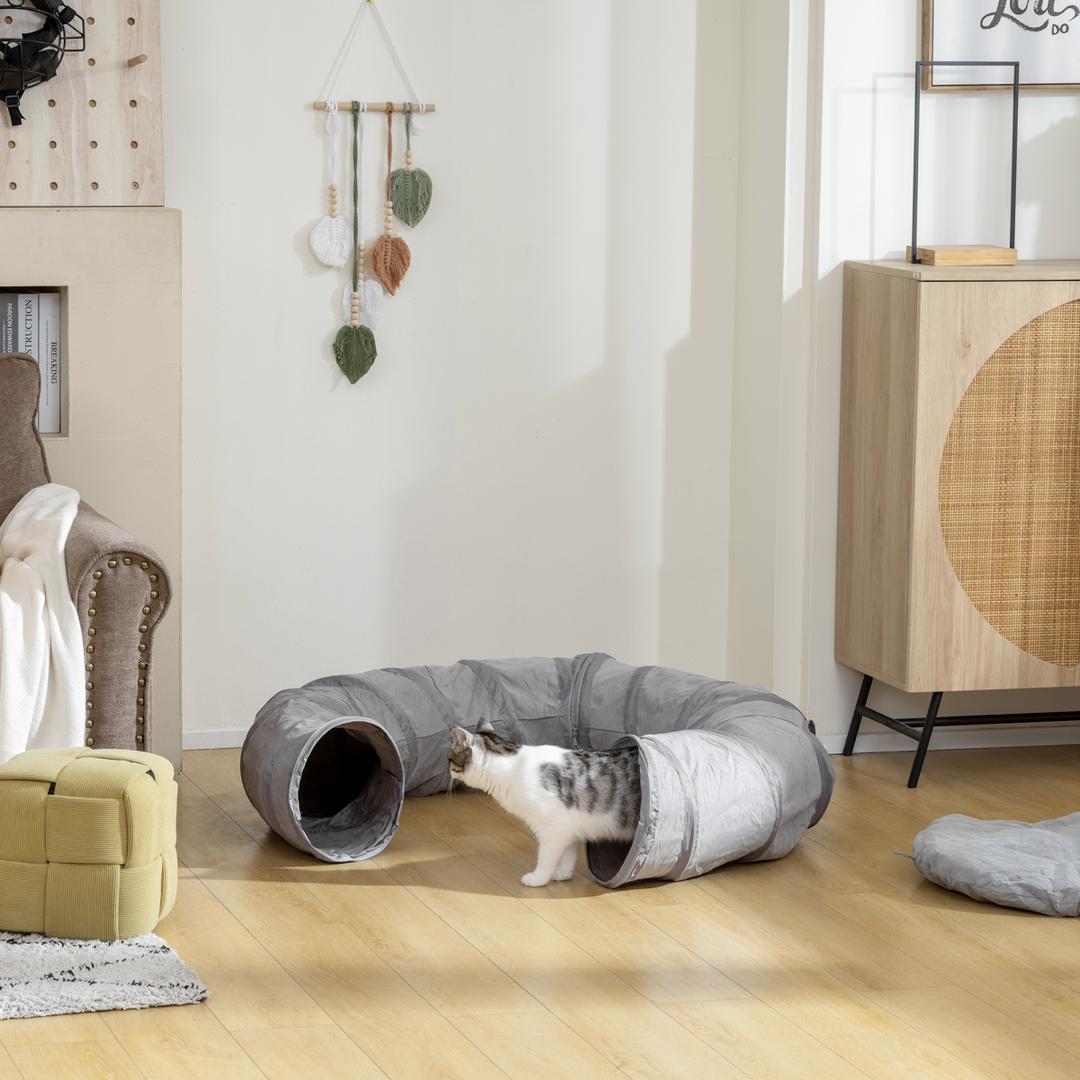 PawHut 2-in-1 Cat Tunnel Bed – Grey Play Tunnel with Washable Cushion