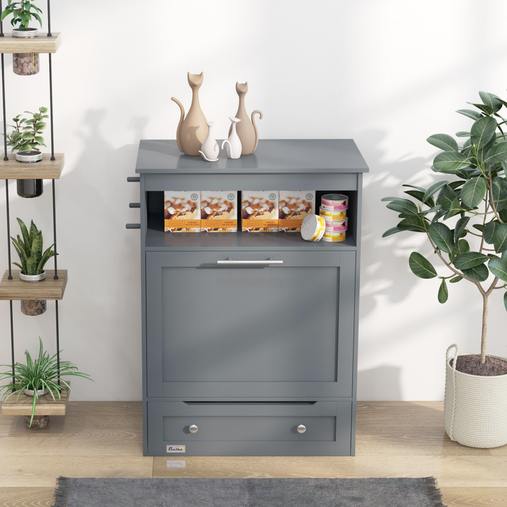 PawHut Pet Feeder Station with Storage Cabinet, Open Compartment, Side Hooks &amp; 2 Bowls – Grey (82cm