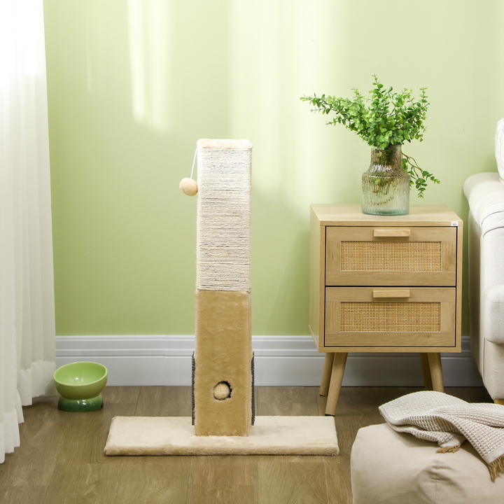 PawHut Premium Cat Scratching Post with Plush Base, Self-Grooming Brush & Hanging Toy – Beige Cat Climber Tower