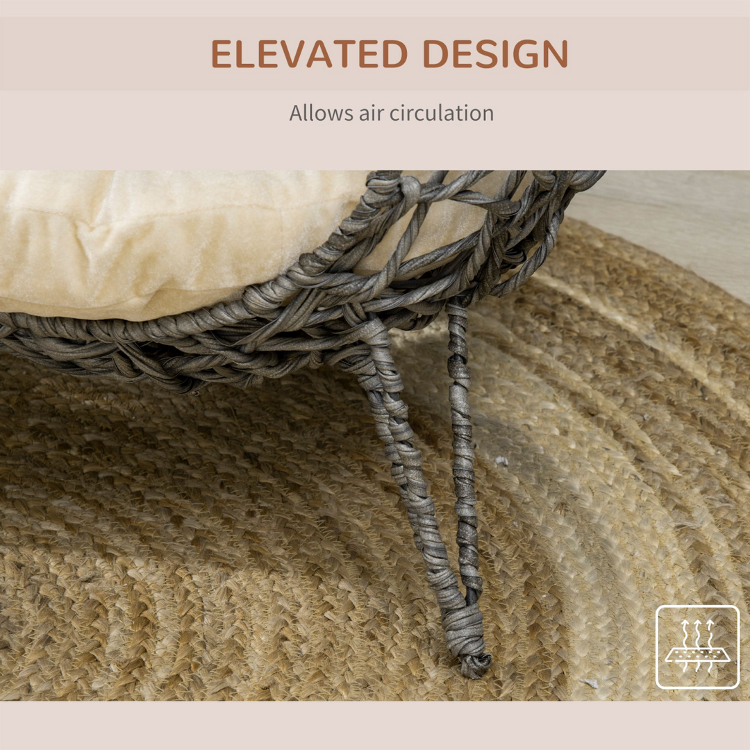 PawHut Rattan Elevated Cat House with Cushion – Silver-Tone & Grey (Ø52cm)