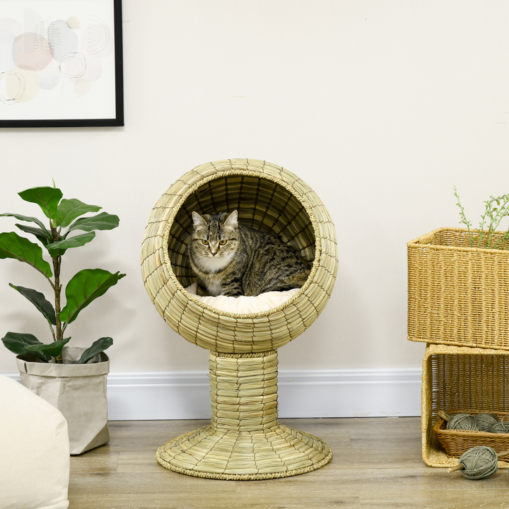 PawHut Raised Cat House with Cushion – Wicker Elevated Cat Bed with Detachable Nest