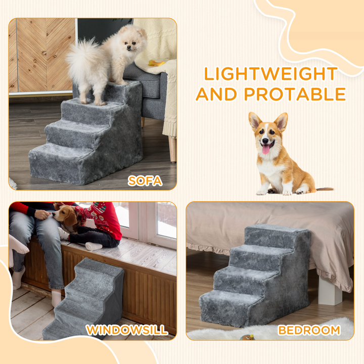 Light Grey Portable Dog Stairs with Washable Plush Cover for Easy Climbing
