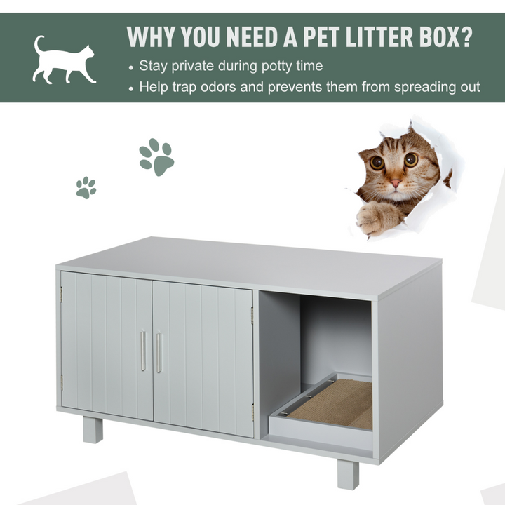 Elegant Cat Box Furniture with Scratch Post & Magnetic Doors - Grey Enclosure