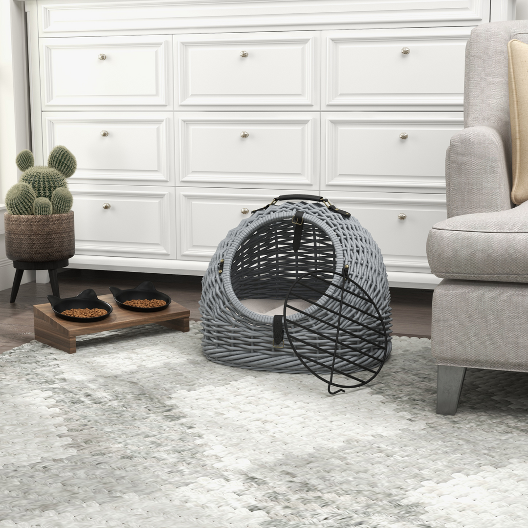 Wicker Cat Basket W/ Mat Handle Kitten Pussy Enclosed Bed Portable - Grey