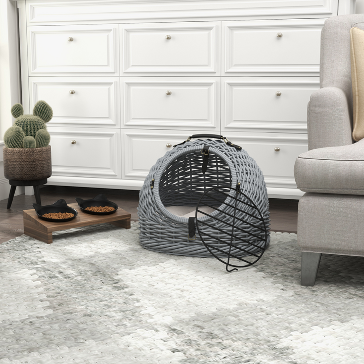 Wicker Cat Basket W/ Mat Handle Kitten Pussy Enclosed Bed Portable - Grey