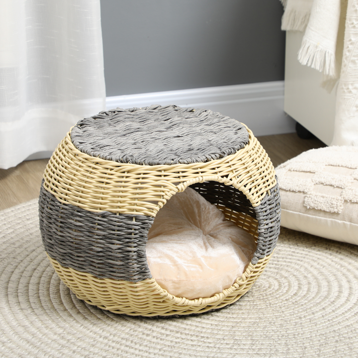 PawHut Wicker Cat House, Rattan Raised Cat Bed with Soft Cushion – Compact Design