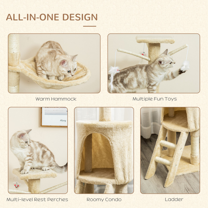 Deluxe Cat Tree Condo: Activity Center with Scratching Post & Toys - Beige 131cm