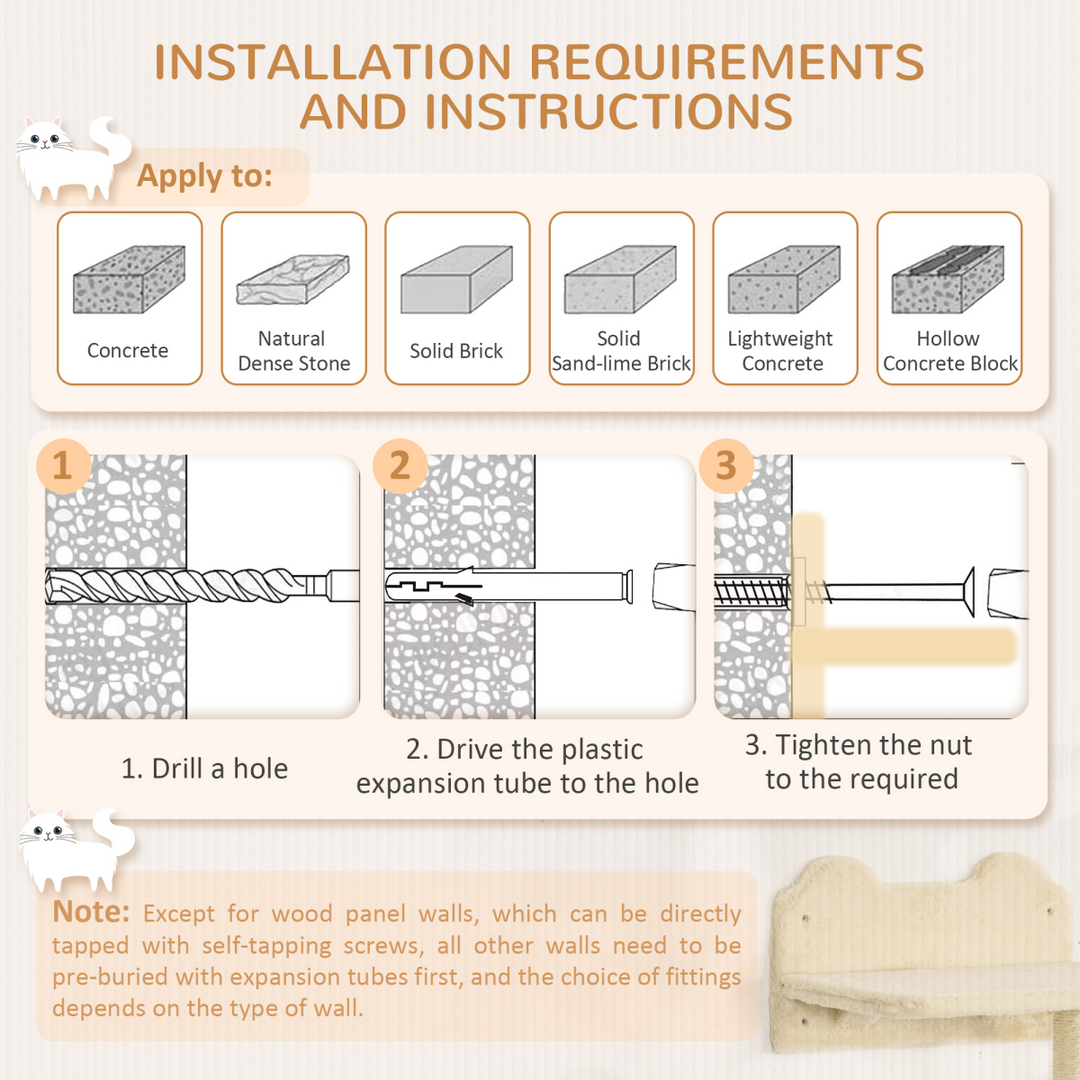 PawHut 4-Piece Wall-Mounted Cat Tree Set with Hammock, Nest & Scratching Post – Beige