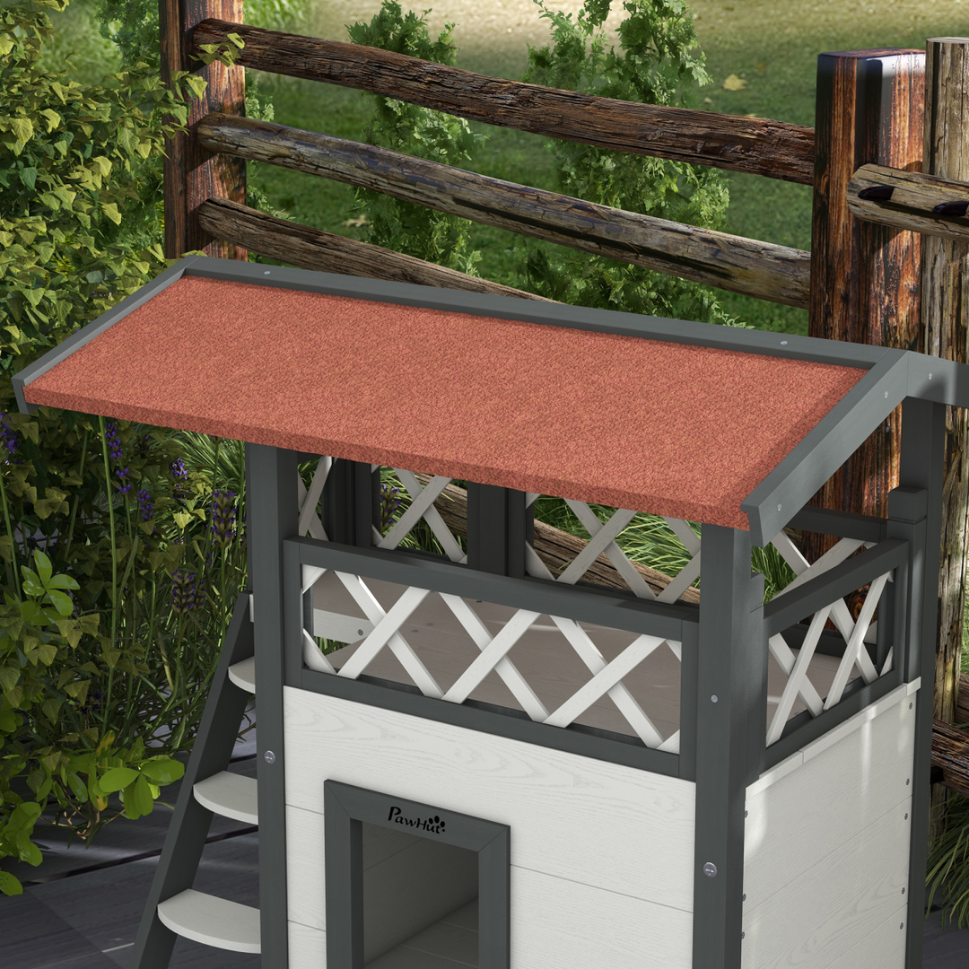 Cozy PawHut Outdoor Cat House with Balcony & Stairs - Weatherproof Design!