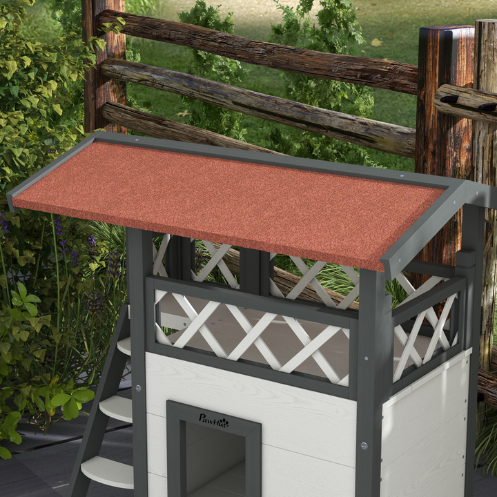 Cozy PawHut Outdoor Cat House with Balcony & Stairs - Weatherproof Design!