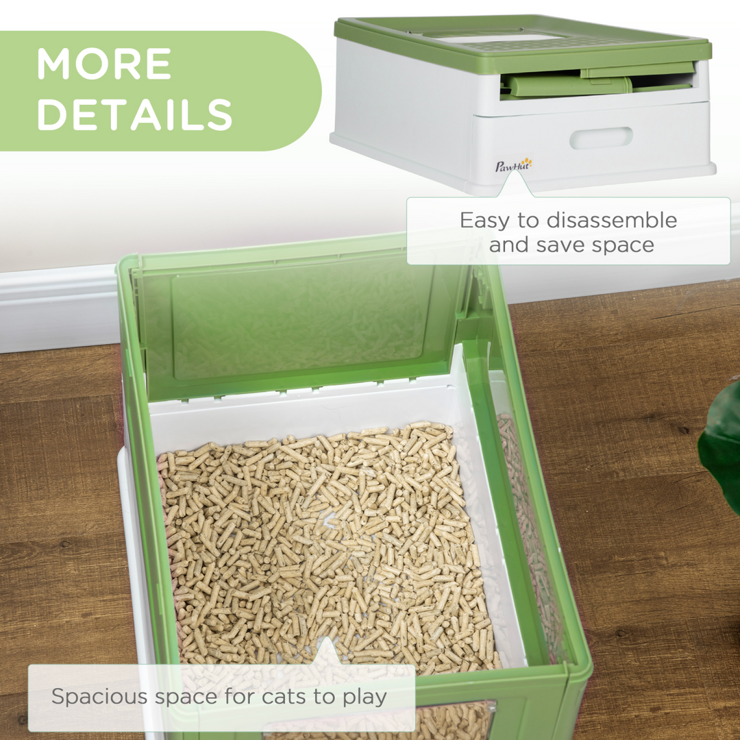 PawHut Deluxe Hooded Cat Litter Box with Top Exit, Removable Tray &amp; Scoop – Lime Green &amp; White.