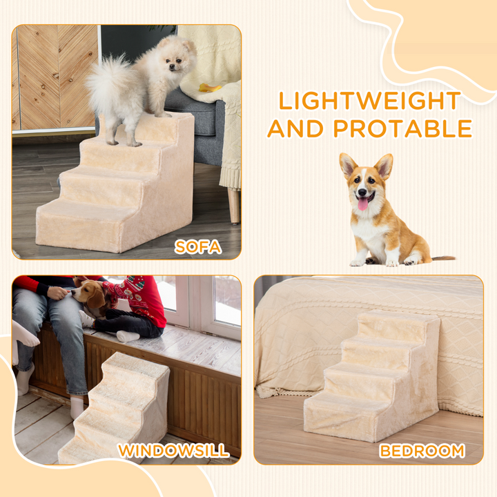 Beige Portable Dog Stairs – Washable Plush Cover for High Beds & Sofas