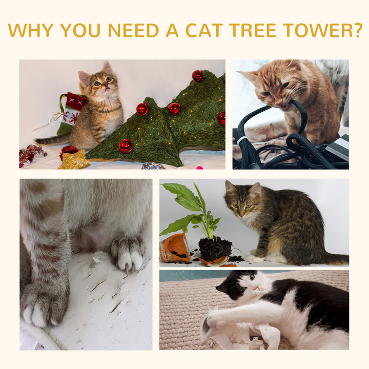 PawHut Cat Tree with Sisal Scratching Posts – Beige Multi-Level Cat Tower with Curved Scratching Board & Toy Ball