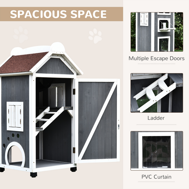 Solid Wood Cat Condo Furniture 2-Floor Pet Shelter, Grey and White, 109H cm