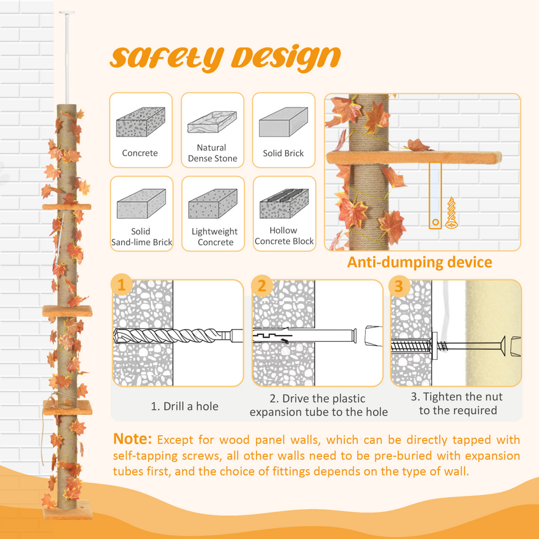 Sturdy 242cm Adjustable Cat Tree - Ultimate Floor-to-Ceiling Fun in Orange!