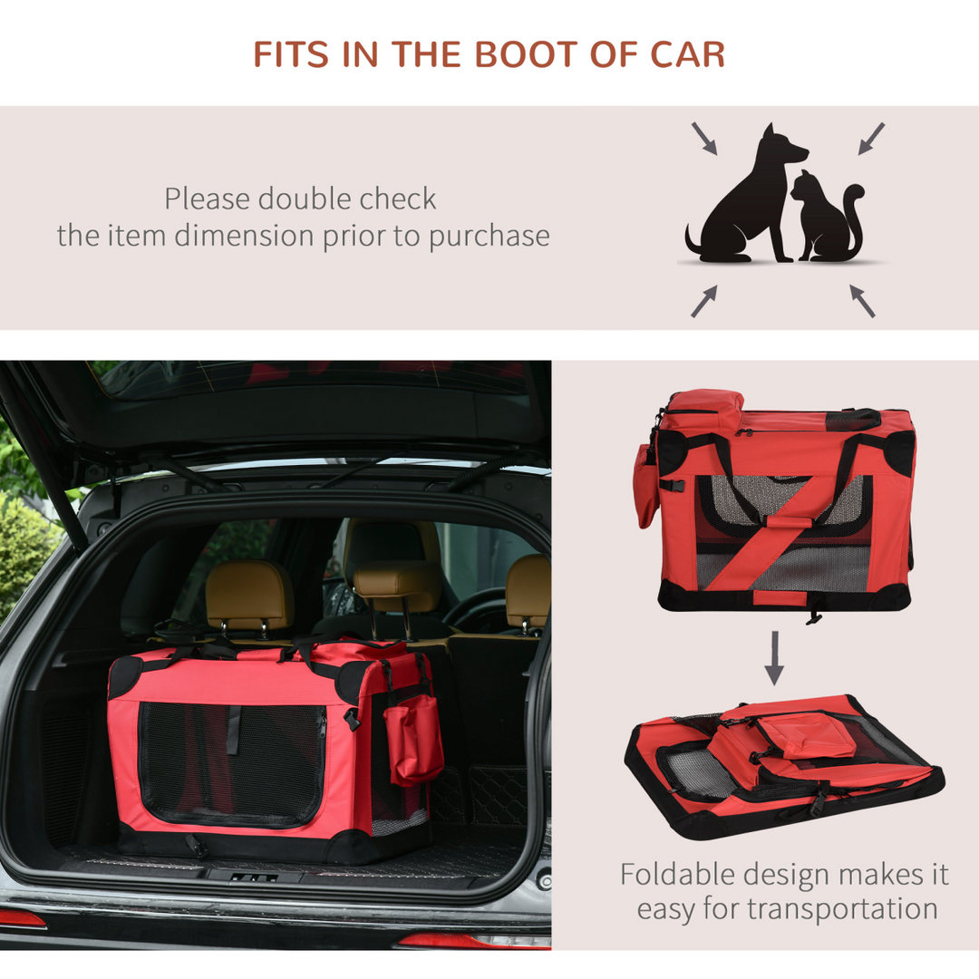 PawHut Folding Pet Carrier Bag, Soft Portable Travel Crate with Washable Bed – Red (60 × 42 × 42cm)