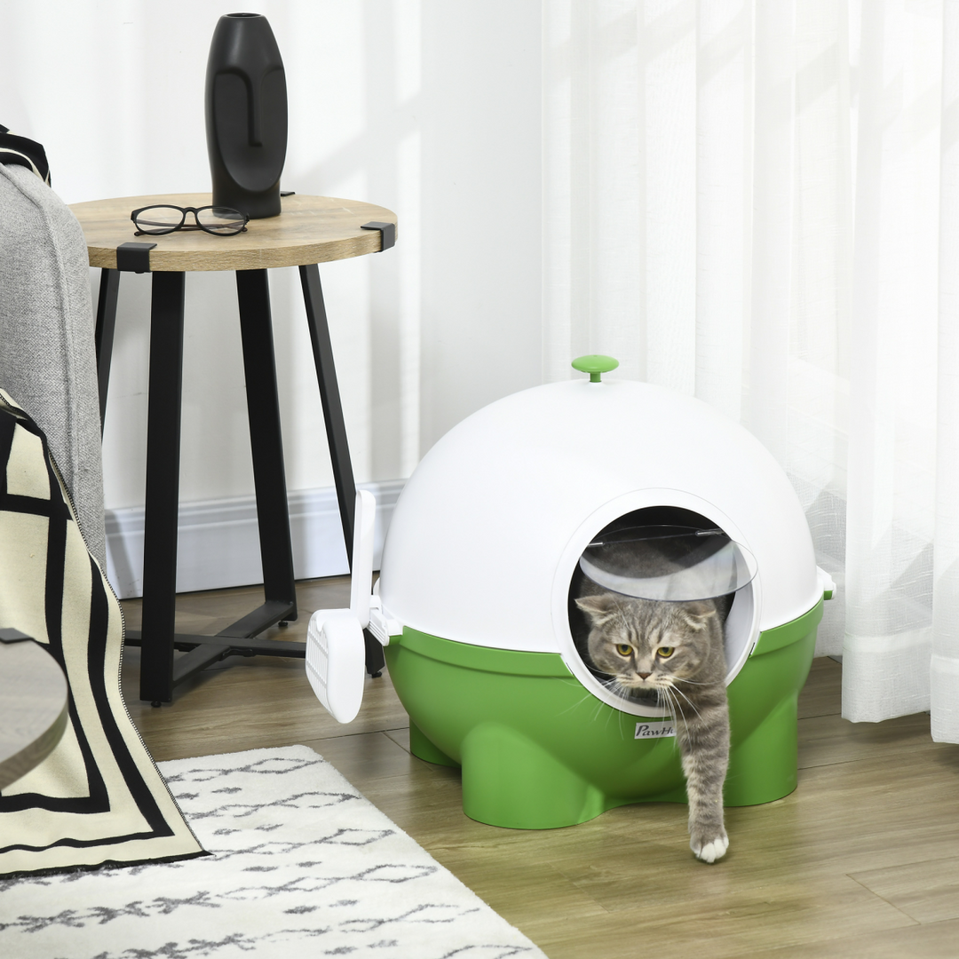 Smart Hooded Cat Litter Box - Stylish Green, 53x51x48cm, Includes Scoop!