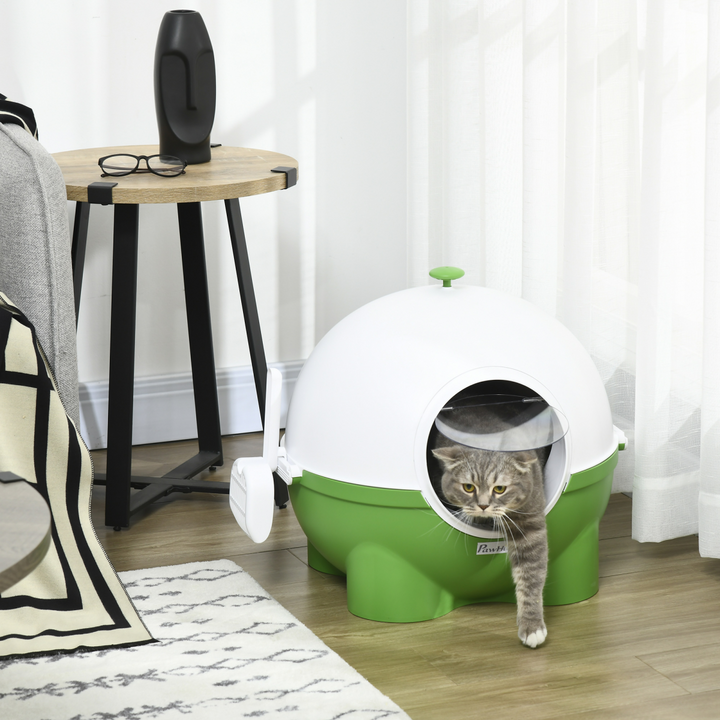 Smart Hooded Cat Litter Box - Stylish Green, 53x51x48cm, Includes Scoop!