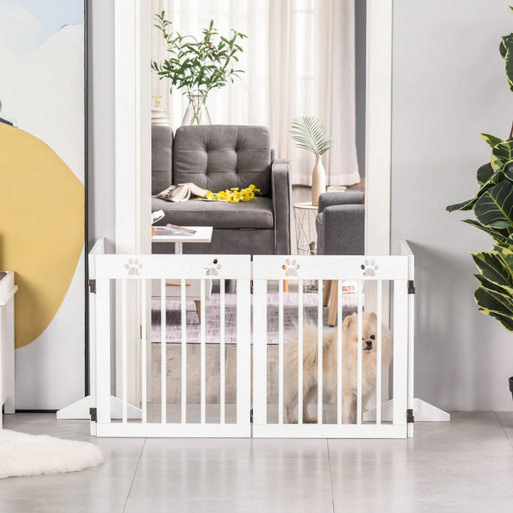 Freestanding Pet Gate 4 Panel Folding Wooden Dog Barrier w/ Support Feet
