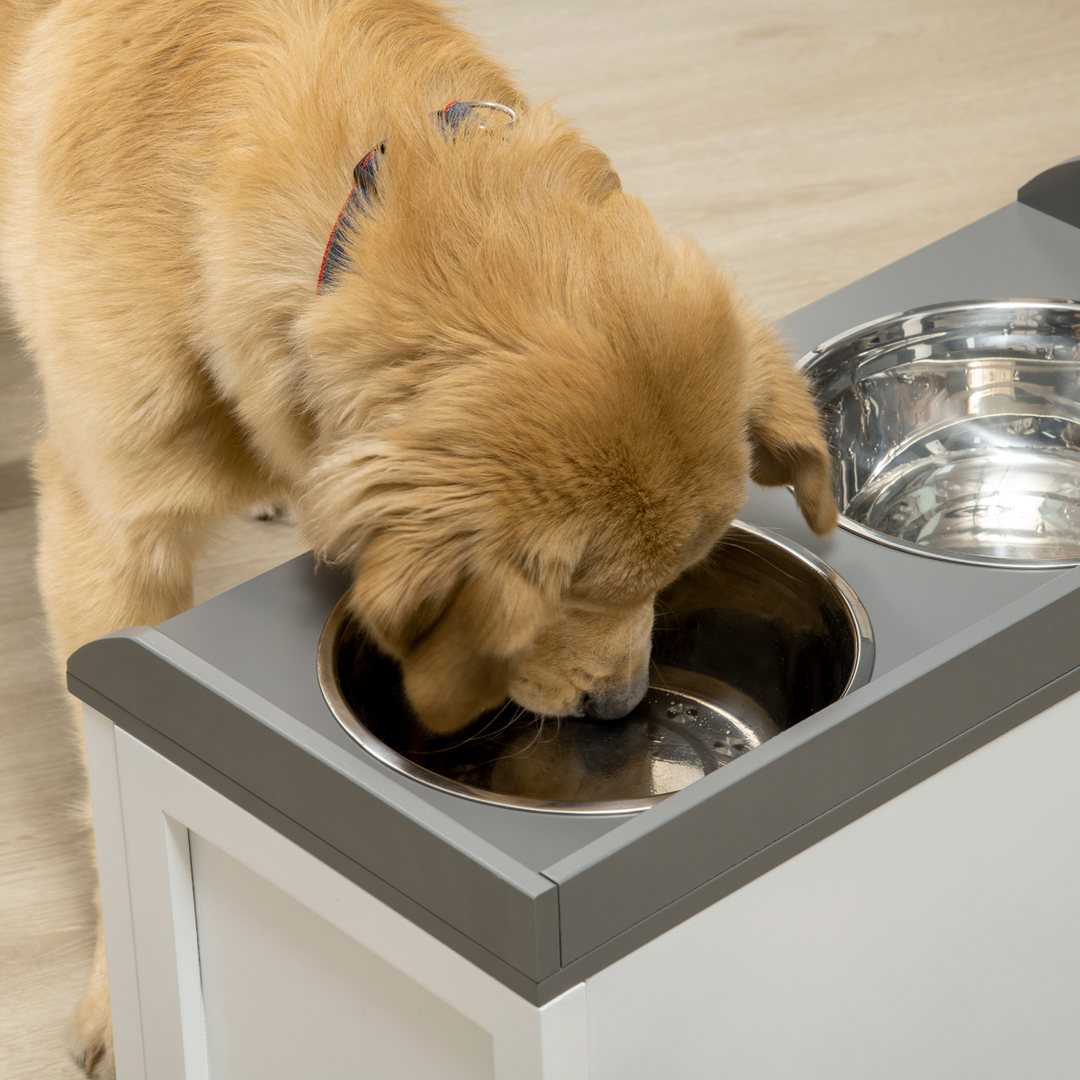 PawHut Elevated Dog Bowls with 21L Storage Drawer &amp; 2 Stainless Steel Bowls – White &amp; Grey (60cm)
