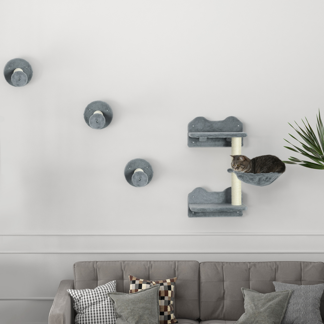 Wall-Mounted Cat Tree with Hammock & Scratching Posts – Space-Saving Cat Shelf for Indoor Cats (Grey)