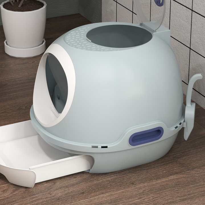 PawHut Space Capsule Cat Litter Box with Scoop, Front Entry & Top Exit – Blue (47 × 55 × 44cm)