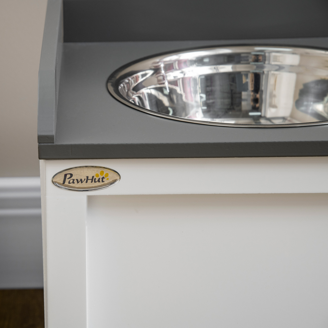 PawHut Elevated Dog Bowls with 21L Storage Drawer &amp; 2 Stainless Steel Bowls – White &amp; Grey (60cm)