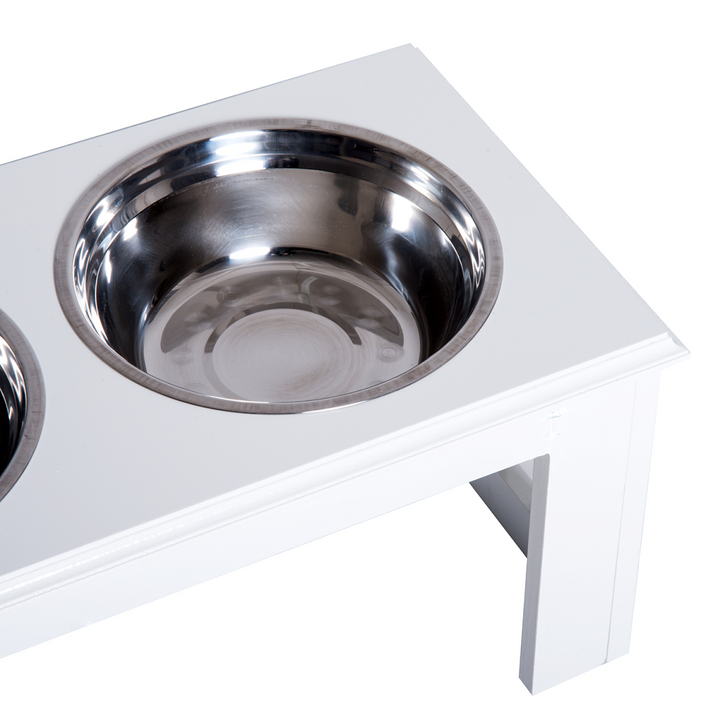 PawHut Raised Pet Feeder with Elevated Stand & 2 Stainless Steel Bowls – White (58.4cm)