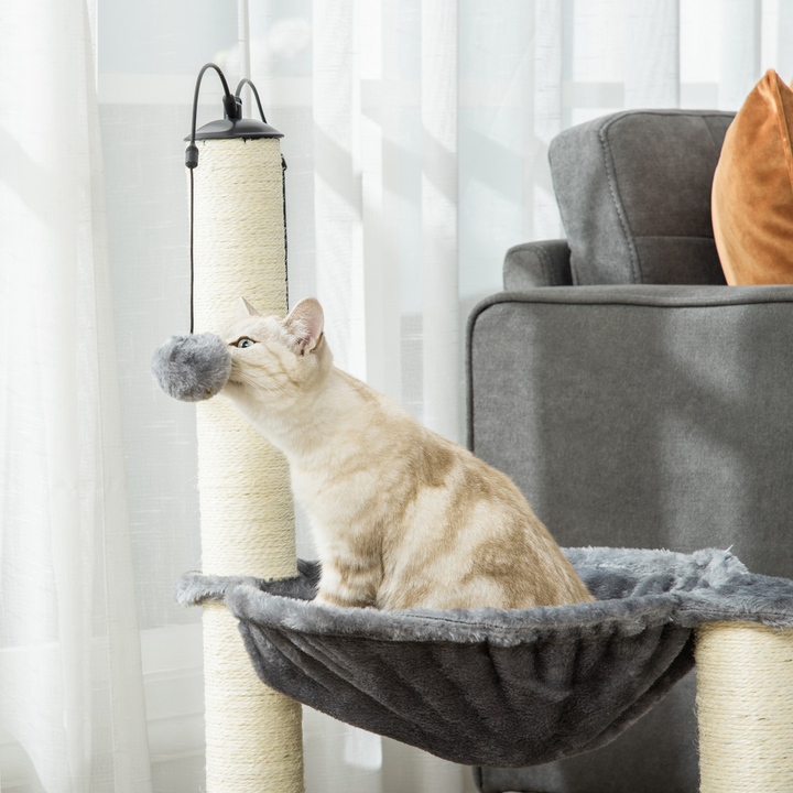 Stylish Cat Tree Tower with Scratching Post, Hammock & Toy Balls - Grey