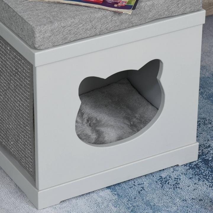 PawHut Cat House Bed with Cushion & Sisal Scratching Pads – Grey Indoor Cat Cube