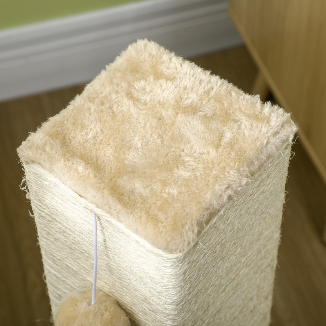 PawHut Premium Cat Scratching Post with Plush Base, Self-Grooming Brush & Hanging Toy – Beige Cat Climber Tower