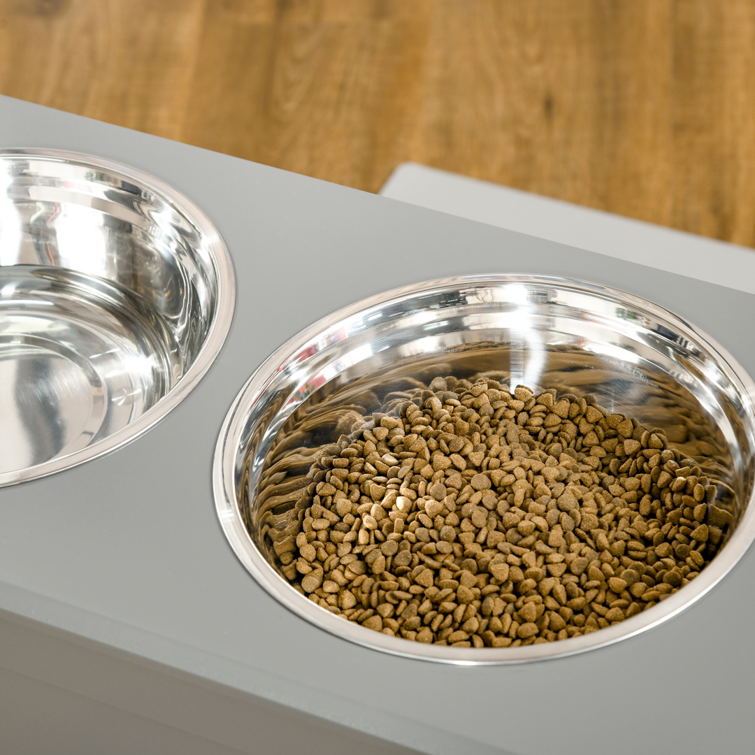 PawHut Elevated Dog Bowl Set with Storage – Grey Double Feeding Station for Large Dogs