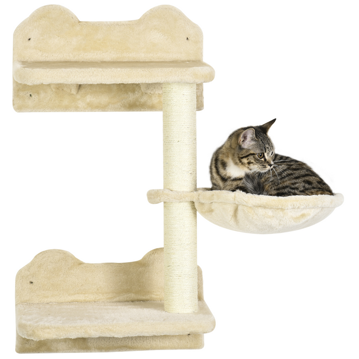 4-Piece Wall-Mounted Cat Tree with Scratching Post & Hammock – Beige Cat Climbing Shelf Set