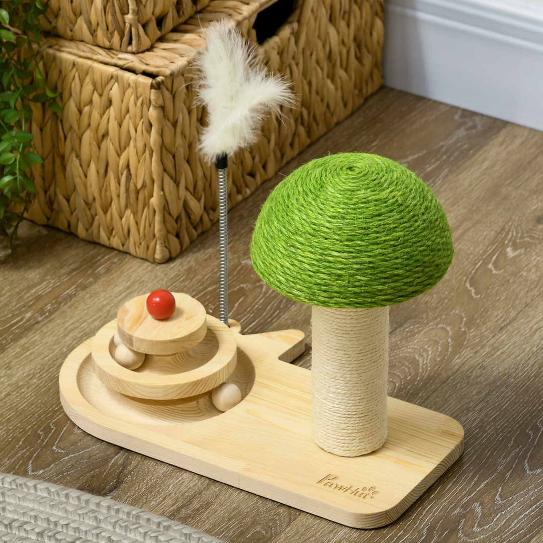 PawHut Playful Mushroom Cat Scratching Post with Interactive Toy Balls