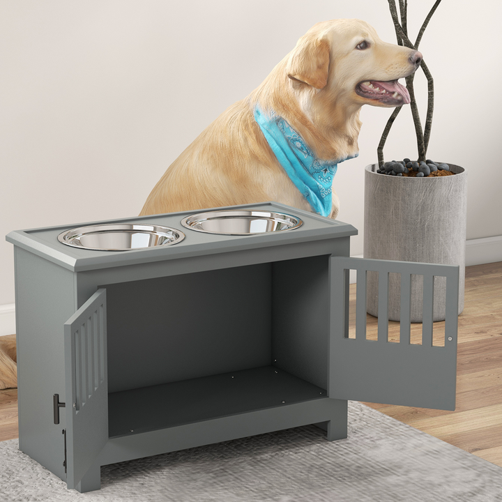PawHu Raised Dog Bowls Feeding Station with Storage Cabinet &amp; 2 Stainless Steel Bowls – Grey