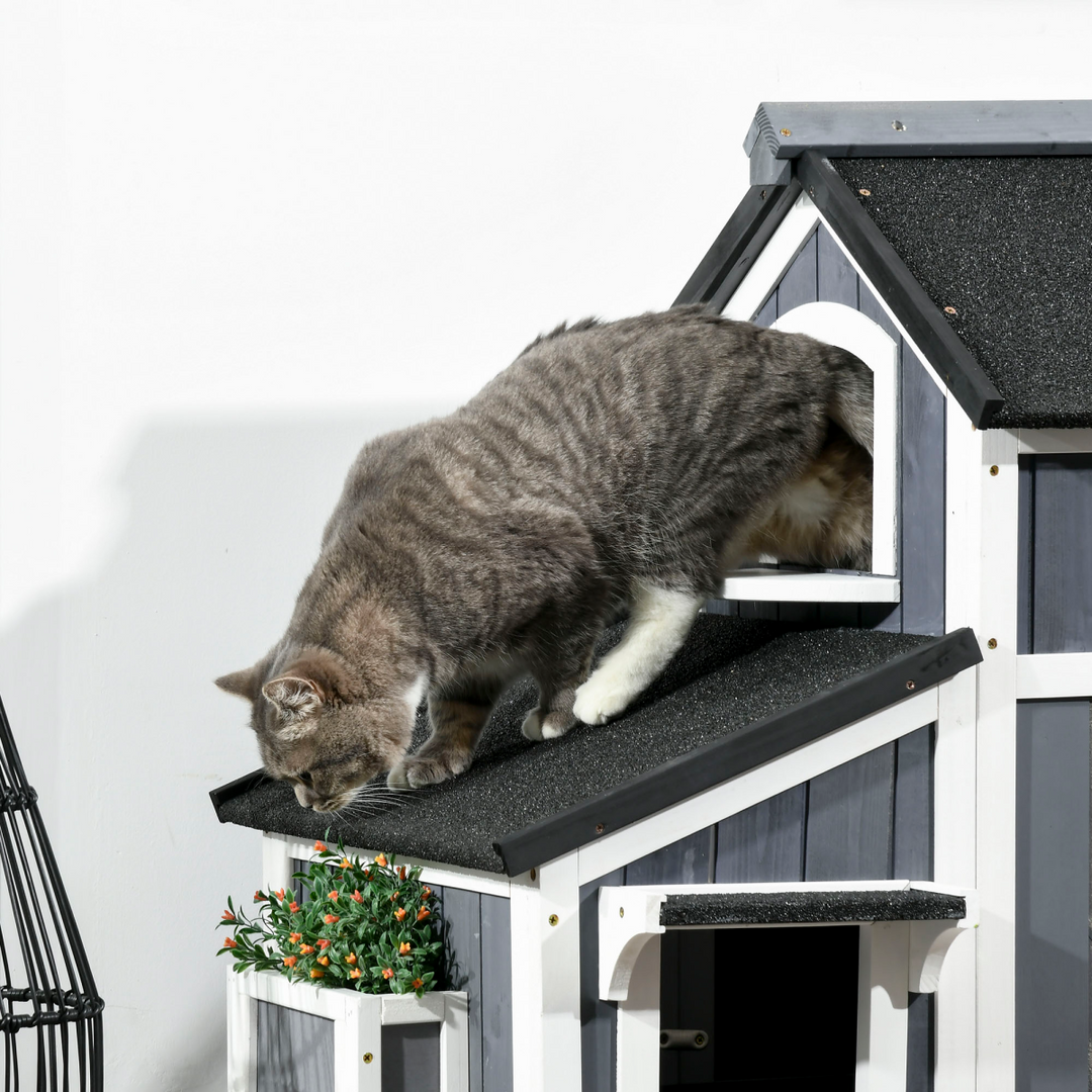 PawHut Wooden Outdoor Cat House with Flower Pot, Window &amp; Multiple Entrances – Grey