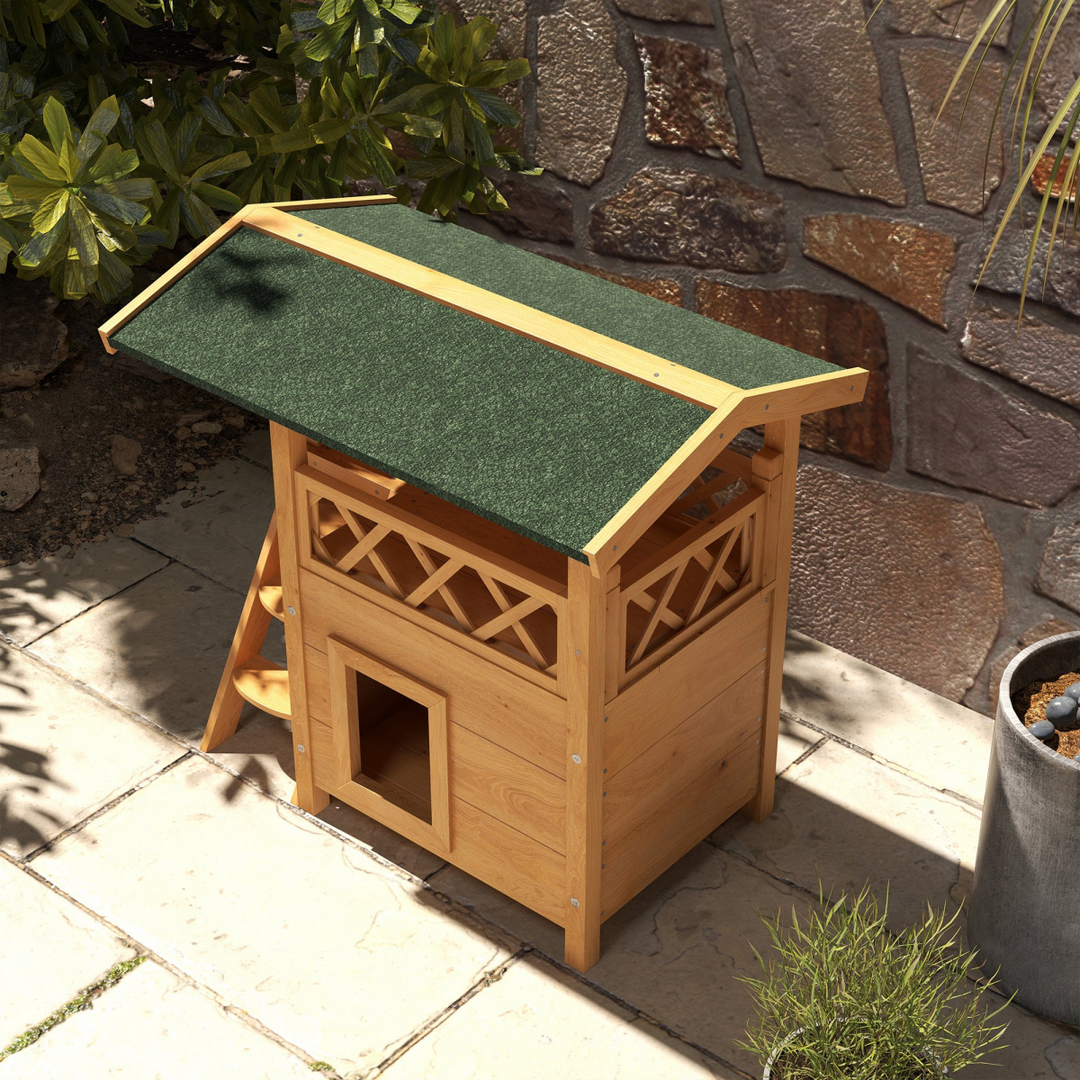 PawHut Cozy Outdoor Cat House with Balcony & Weatherproof Roof
