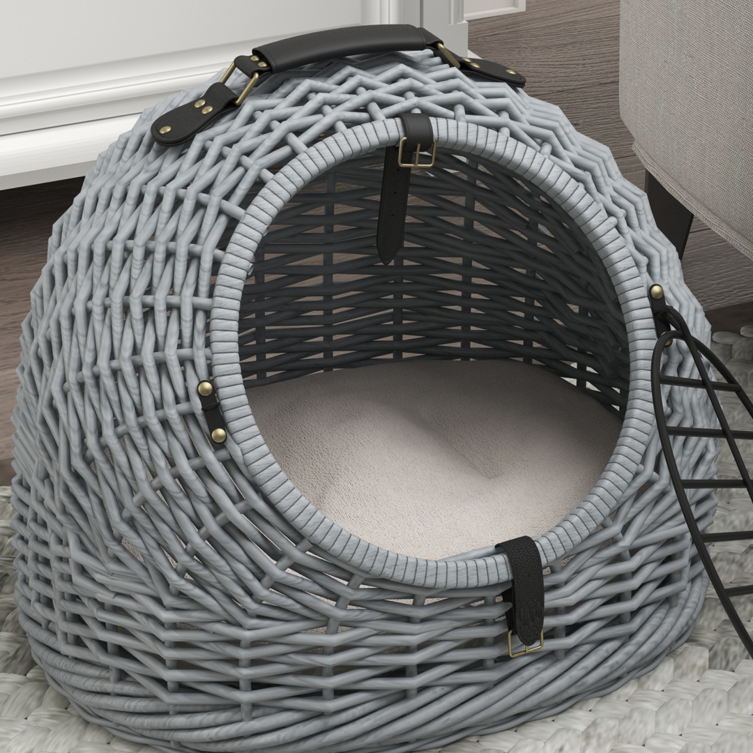 Wicker Cat Basket W/ Mat Handle Kitten Pussy Enclosed Bed Portable - Grey