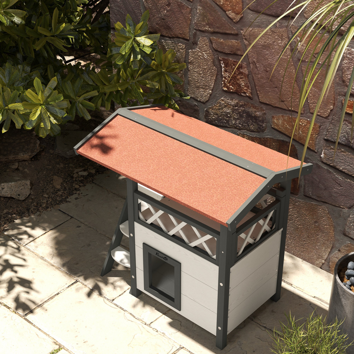 PawHut Outdoor Cat House with Balcony, Stairs & Weatherproof Roof – White