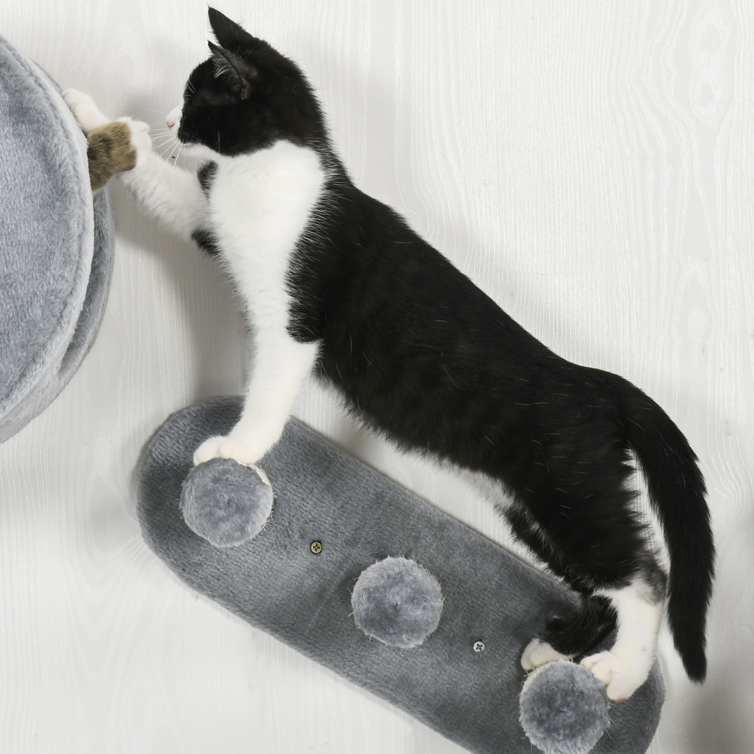 Four-Piece Wall-Mounted Cat Tree with Platforms, Steps, Perch, Cat House - Grey
