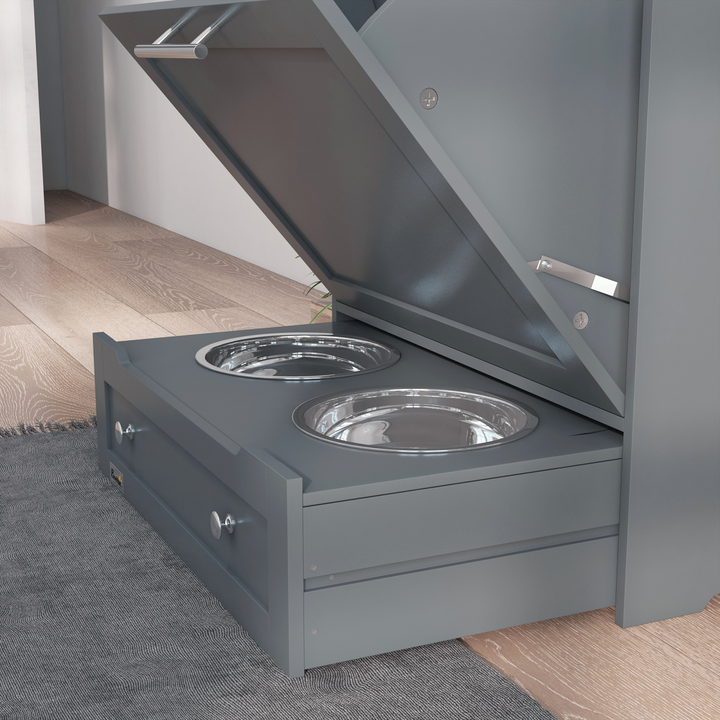 PawHut Pet Feeder Station with Storage Cabinet, Open Compartment, Side Hooks &amp; 2 Bowls – Grey (82cm