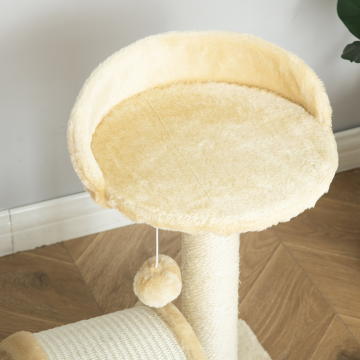 PawHut Cat Tree with Sisal Scratching Posts – Beige Multi-Level Cat Tower with Curved Scratching Board & Toy Ball